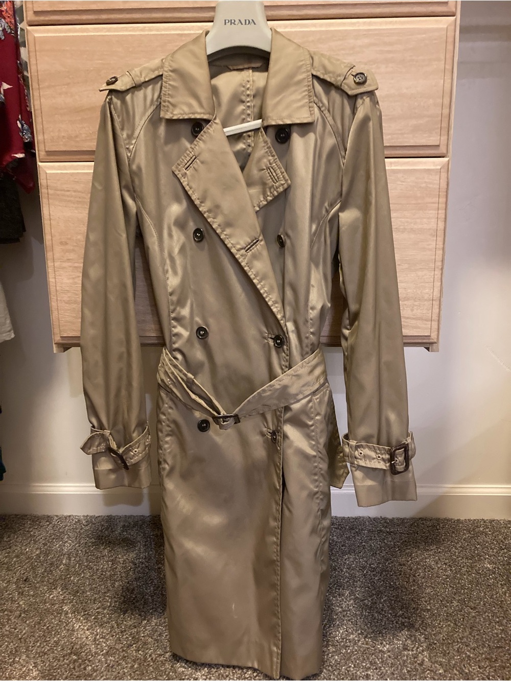 Vintage Prada Nylon Double Breasted Trench Coat Belted Tan IT 42